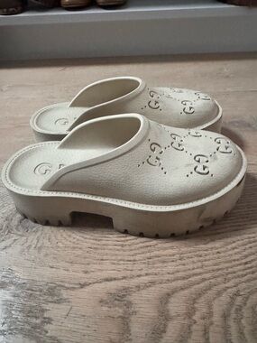 Gucci Cream Perforated GG Platform Clogs